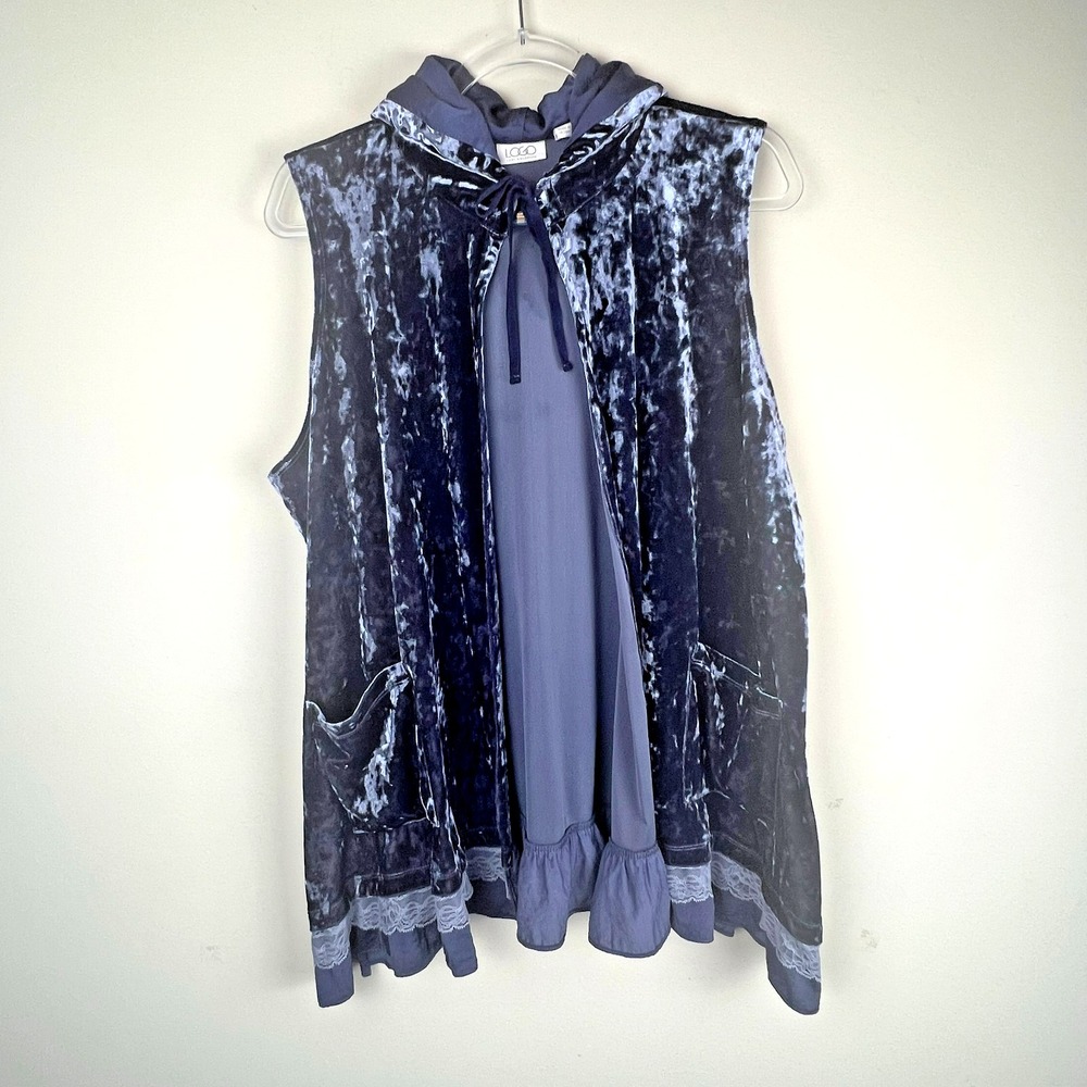 LOGO by Lori Goldstein Crushed Velvet Hooded Vest Lace Ruffle Hem XL Romantic